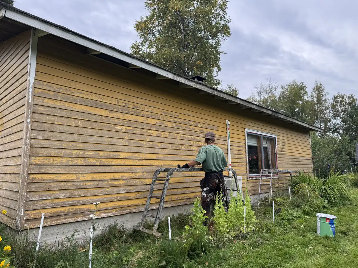 Hilseilevä puutalon seinä ennen maalausta Parkanossa