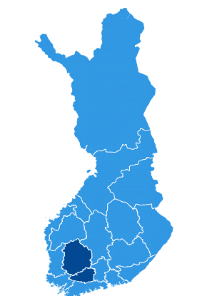 Suomen kartta, jossa Pirkanmaa ja Kanta-Häme on korostettu